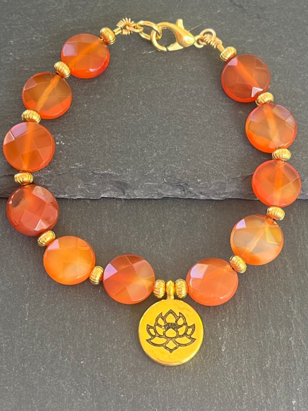 Carnelian Gemstone Boho Bracelet | Gold Lotus Charm Bracelet with Clasp